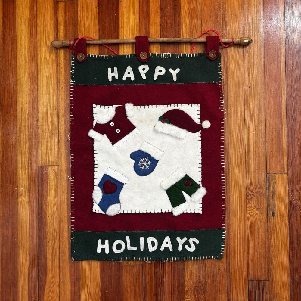 Vintage Christmas Felt Wall Hanging Banner  Happy Holidays Door Sign Rod